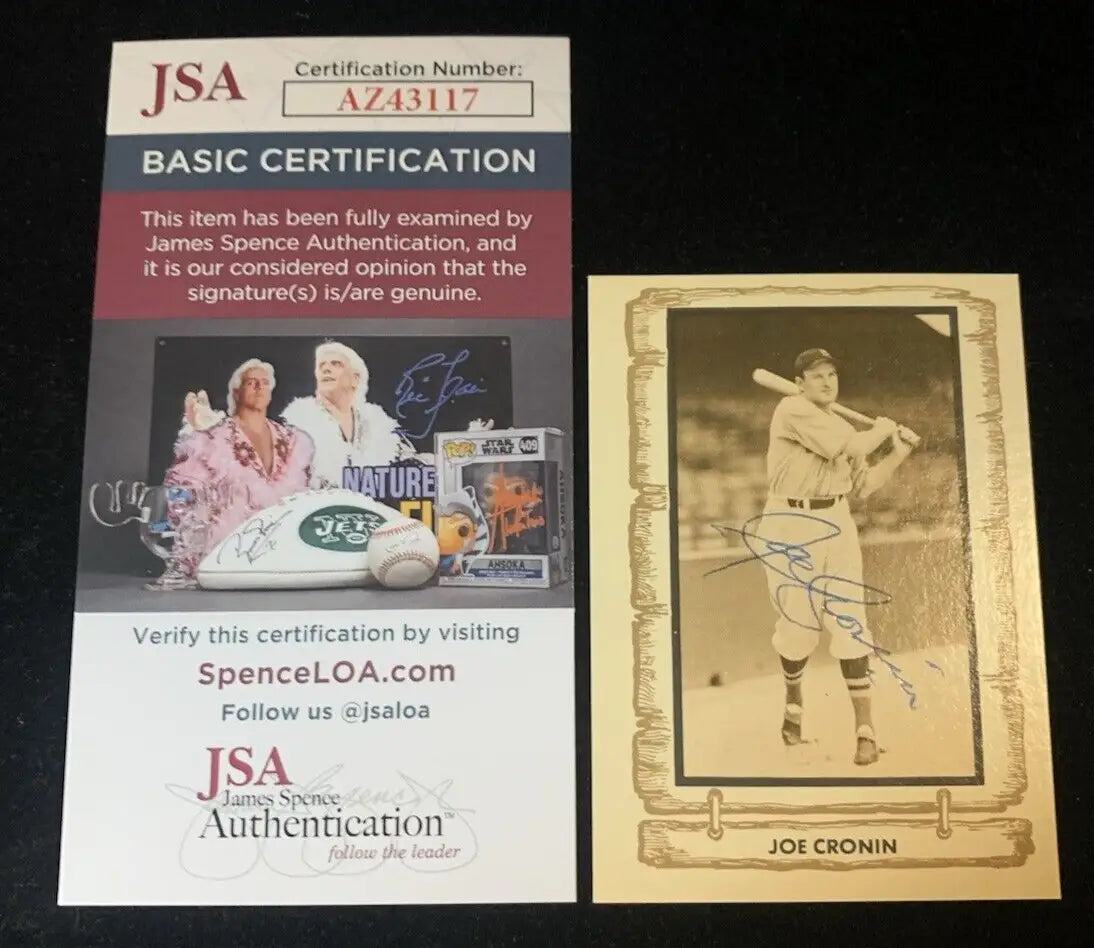 Autographed Joe Cronin baseball card with JSA authentication for Red Sox trading cards