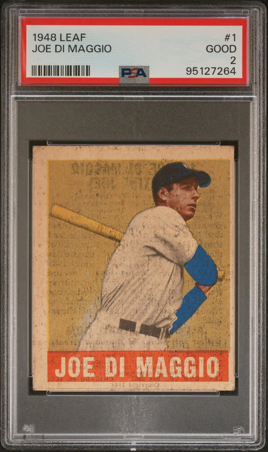 PSA-graded Joe DiMaggio 1949 Leaf baseball card showcasing Yankees batting stance