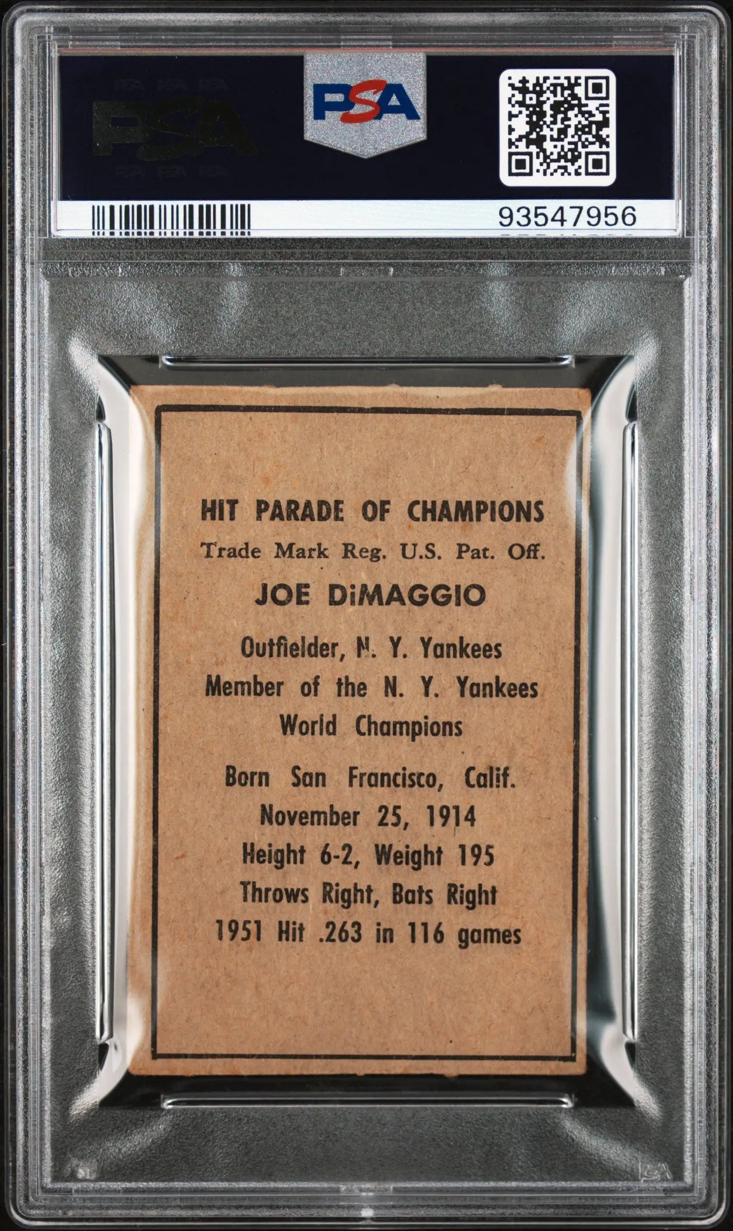 PSA-graded Joe DiMaggio 1952 Berk Ross card with Hit Parade of Champions stats