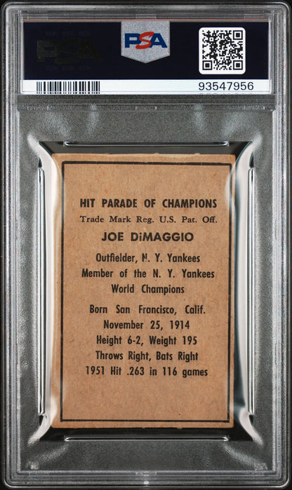 PSA-graded Joe DiMaggio 1952 Berk Ross card with Hit Parade of Champions stats