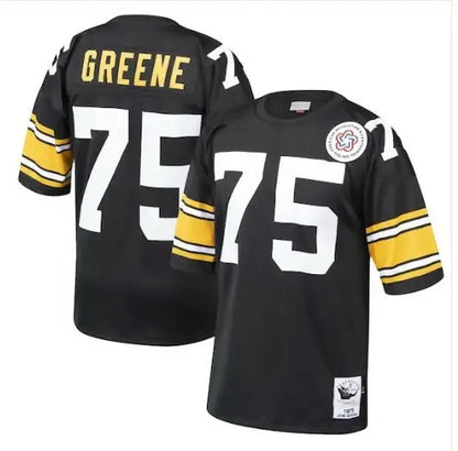 Black Joe Greene Pittsburgh Steelers 1975 throwback jersey with yellow and white stripes