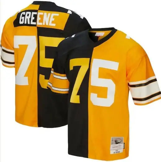Black and gold split Joe Greene Steelers 1976 jersey with number 75 on display