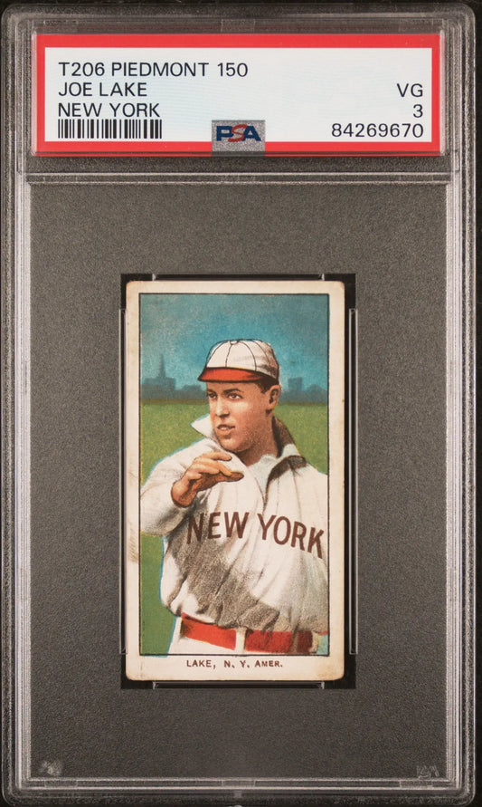 PSA-graded T206 Piedmont baseball card of Joe Lake, New York player in white uniform