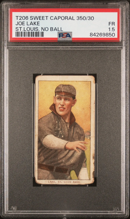 PSA-graded T206 Sweet Caporal baseball card of Joe Lake in dark uniform