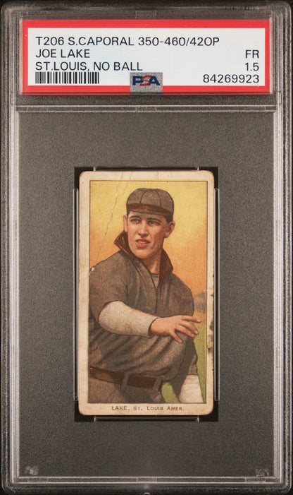 Vintage Joe Lake T206 Sweet Caporal baseball card with player in dark cap and bat