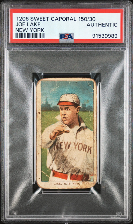 PSA-graded T206 Sweet Caporal card featuring Joe Lake in vintage New York uniform