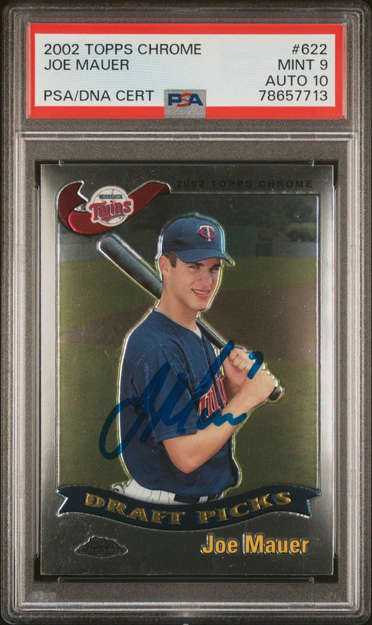 PSA-graded Joe Mauer 2002 Topps Chrome Autographed Rookie #622 in batting pose