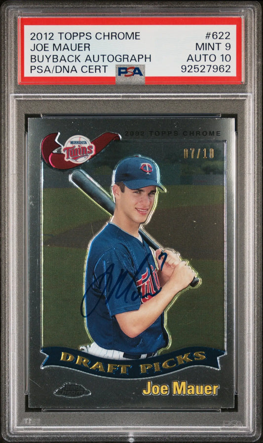 Encased 2012 Topps Chrome Buyback Rookie Auto Joe Mauer baseball card PSA 9
