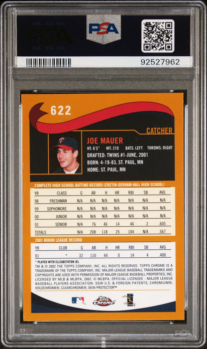 Graded Joe Mauer baseball trading card from Topps Chrome Buyback series with auto