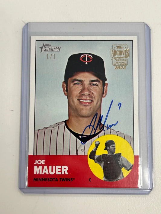 Signed Joe Mauer baseball card from Topps Archives Signature Series 2023