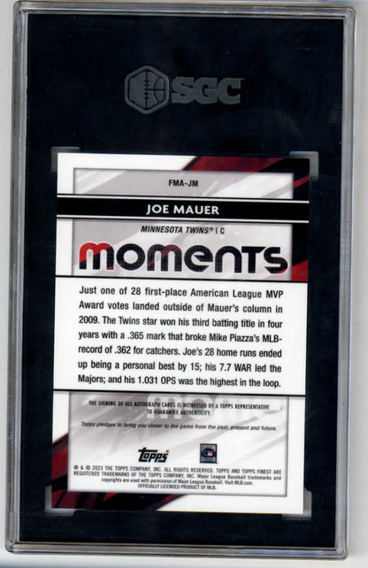 Baseball trading card in protective case for Joe Mauer Topps Finest Moments Auto SGC 10