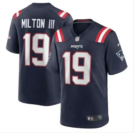 Navy blue Joe Milton III New England Patriots Nike Game Jersey with number 19 and name on back
