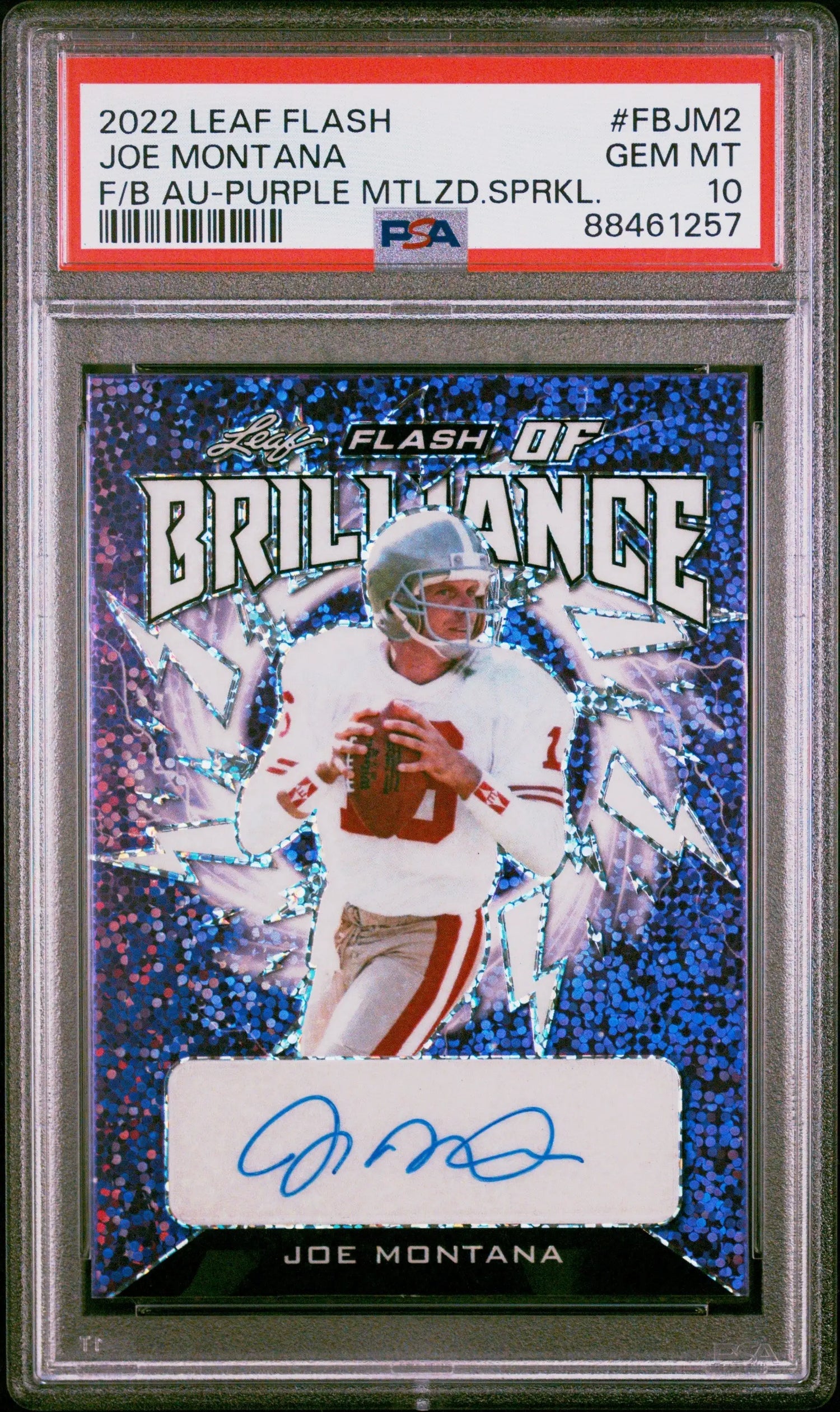 PSA-graded Joe Montana 2022 Leaf Flash Brilliance Auto football card in red and white uniform