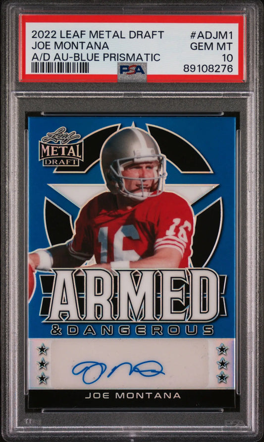 PSA 10 Gem Mint Joe Montana 2022 Leaf Metal Draft Armed blue prismatic football card