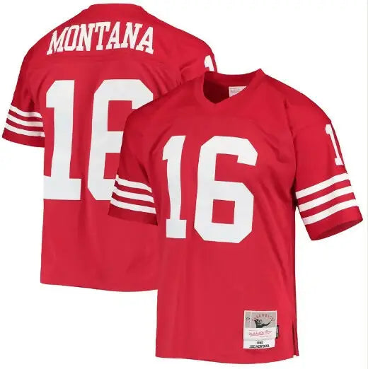 Red Joe Montana San Francisco 49ers legacy replica jersey with white number 16 and Montana on back