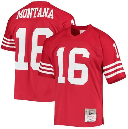 Red Joe Montana San Francisco 49ers legacy replica jersey with white number 16 and Montana on back