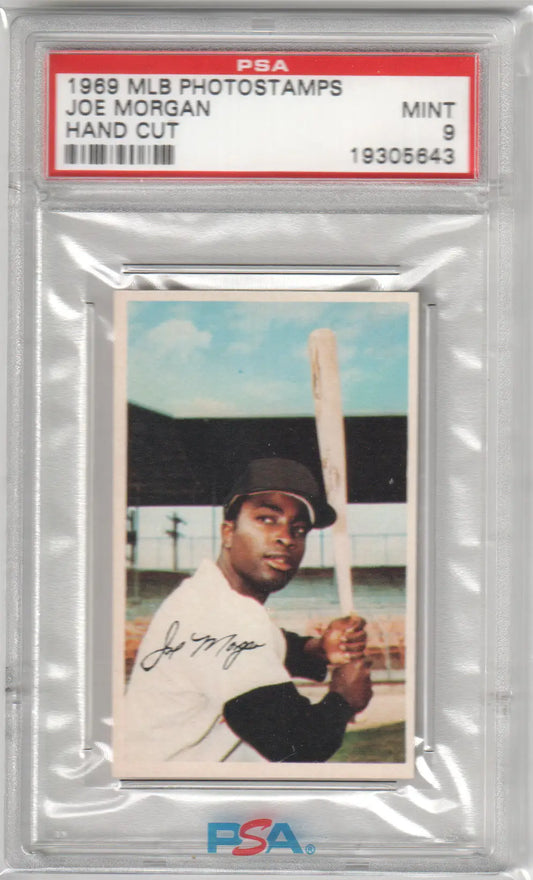 Graded Joe Morgan baseball card from MLB Photostamps in PSA 9 Mint condition at Columbia Hobby