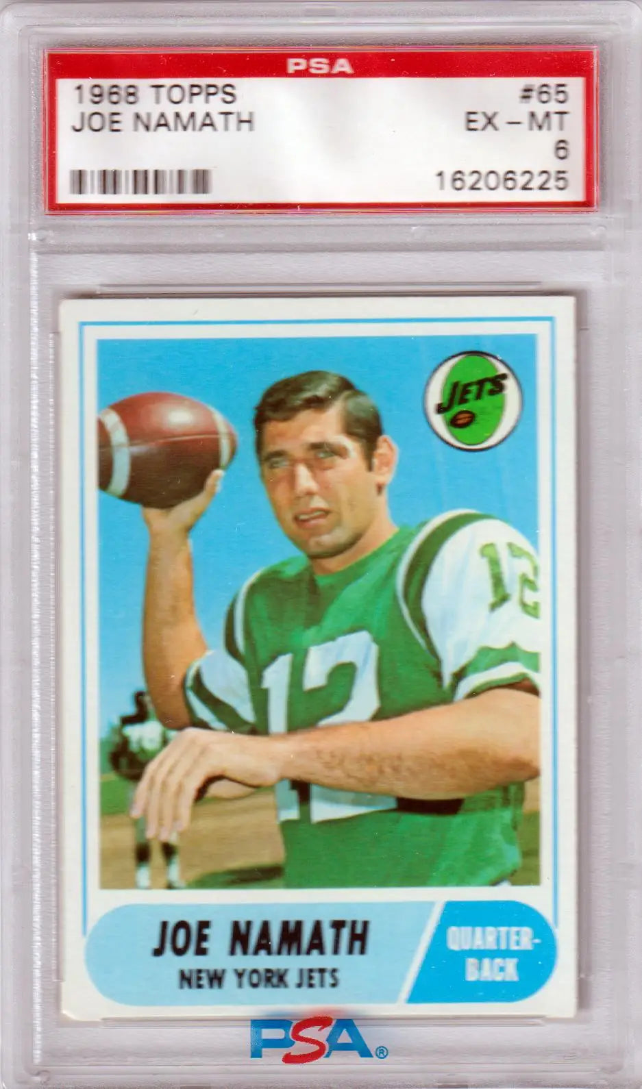 Graded 1968 Topps Joe Namath football card in PSA 6 EX-MT condition | JETS