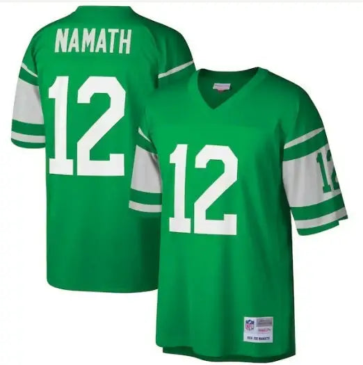 Green and white Joe Namath New York Jets replica jersey with number 12 for big and tall fans