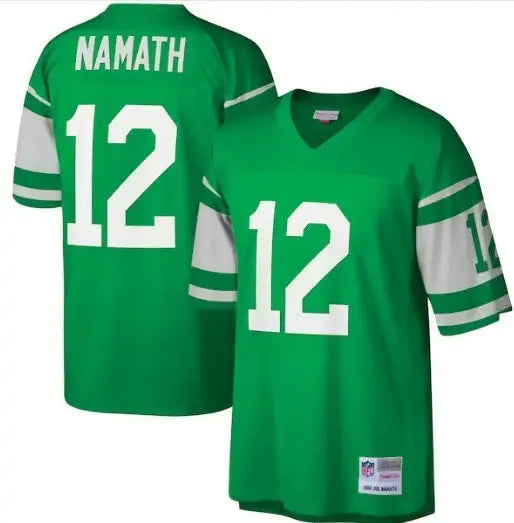 Green Joe Namath New York Jets legacy replica jersey with white number 12 and arm stripes