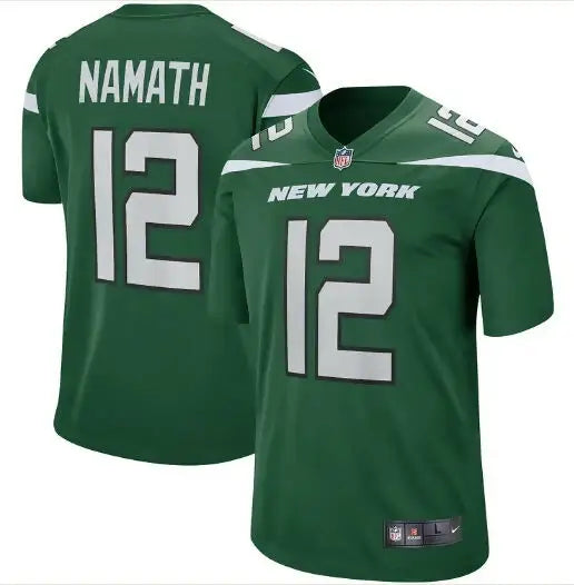 Green New York Jets Nike Legacy Joe Namath football jersey with number 12