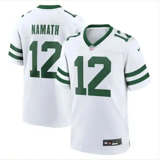 White Joe Namath New York Jets Nike Legacy Game Jersey with green trim and number 12