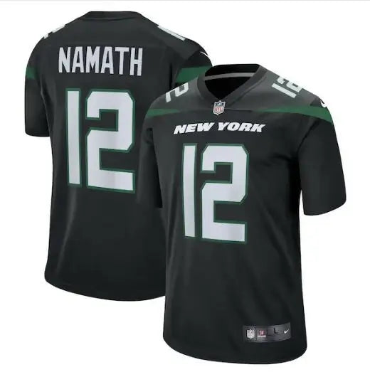 Black York Jets Nike Joe Namath jersey front and back with NAMATH, perfect for fans
