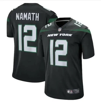 Black York Jets Nike Joe Namath jersey front and back with NAMATH, perfect for fans