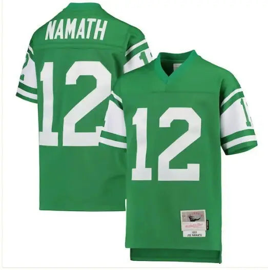 Two green and white Joe Namath York Jets youth football jerseys for the 1968 legacy