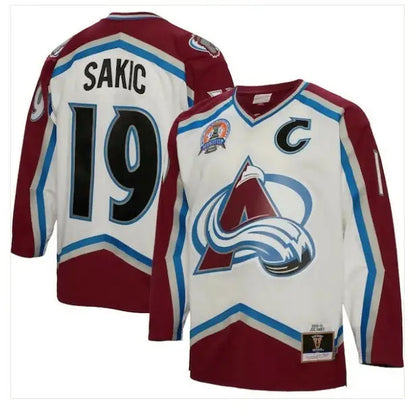 Colorado Avalanche Joe Sakic blue line player jersey with captain patch and white design