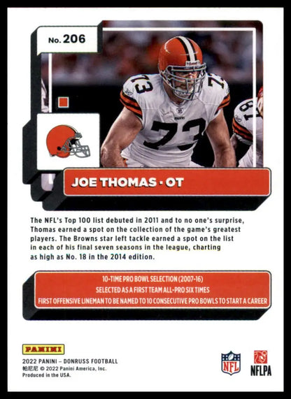 Joe Thomas football card from 2022 Donruss series featuring Cleveland Browns player