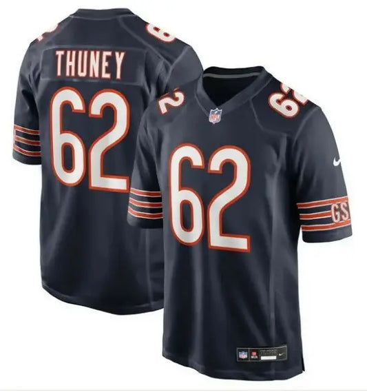 Dark blue Joe Thuney Chicago Bears Nike NFL jersey with orange and white accents