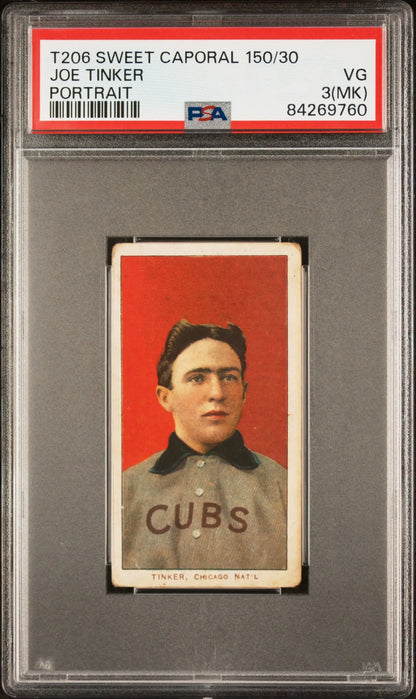 PSA-graded T206 Sweet Caporal Joe Tinker baseball card in gray uniform with red background