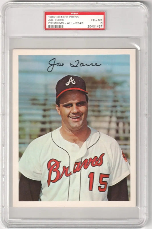 Joe Torre 1967 Dexter Press baseball card in Braves uniform graded PSA 6 EX-MT, perfect for single cards ebay store at Columbia Hobby