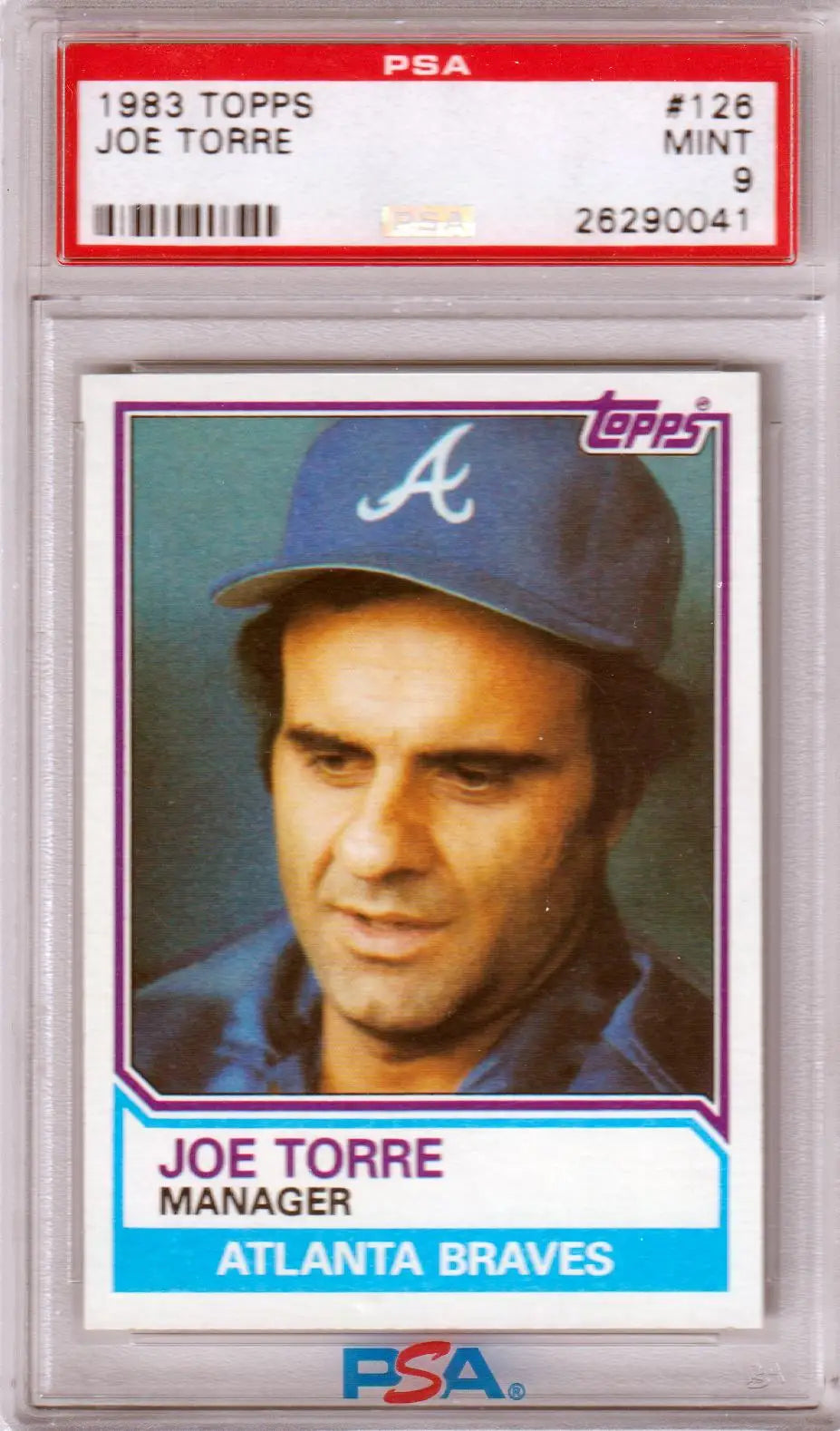 Graded Joe Torre baseball card from 1983 Topps, PSA 9 Mint, Columbia Hobby edition