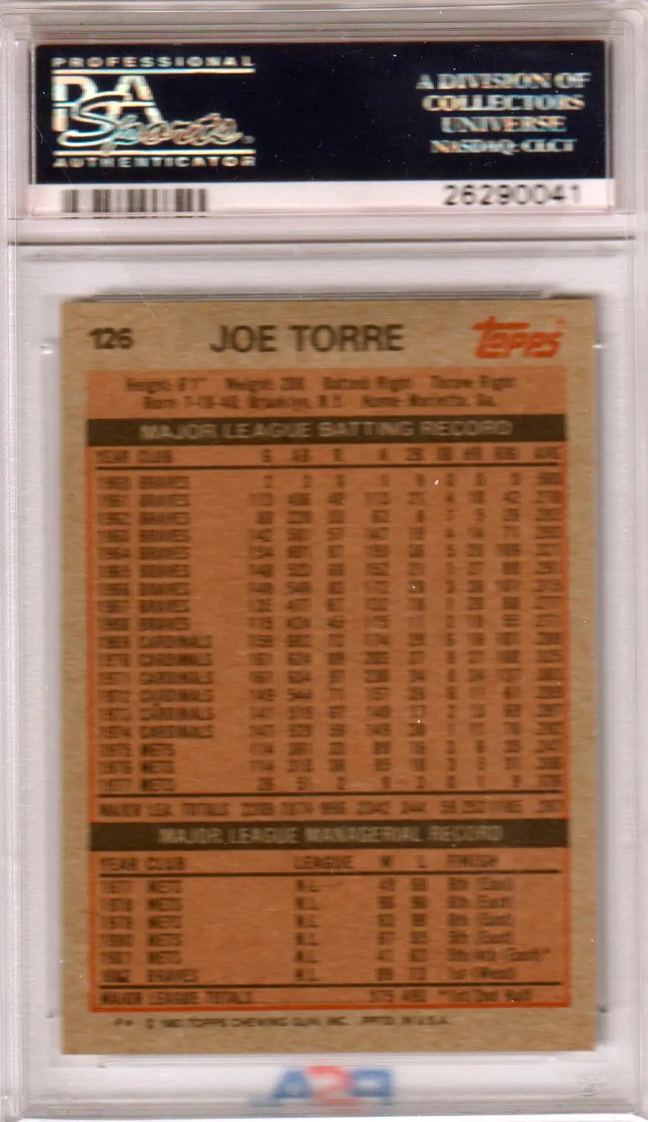 Graded Joe Torre baseball card from Topps Joe Torre series at Columbia Hobby