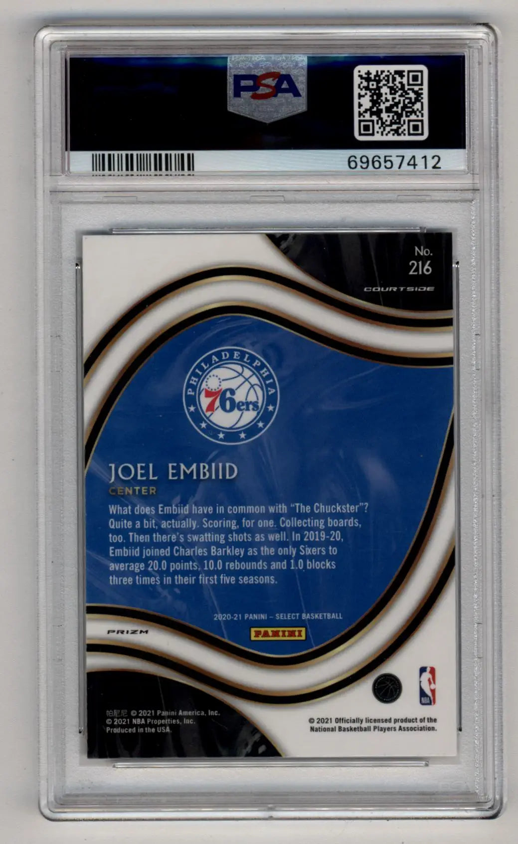 Graded Joel Embiid basketball trading card featuring select prizms elephant reverse PSA 10