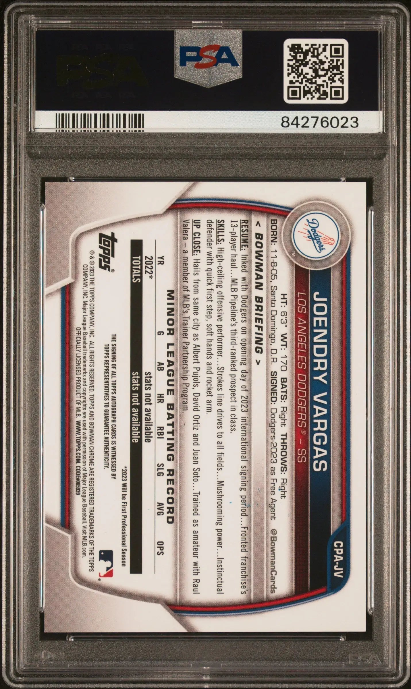Graded Joendry Vargas 2023 Bowman Chrome Purple Auto trading card PSA 10 Gem Mint