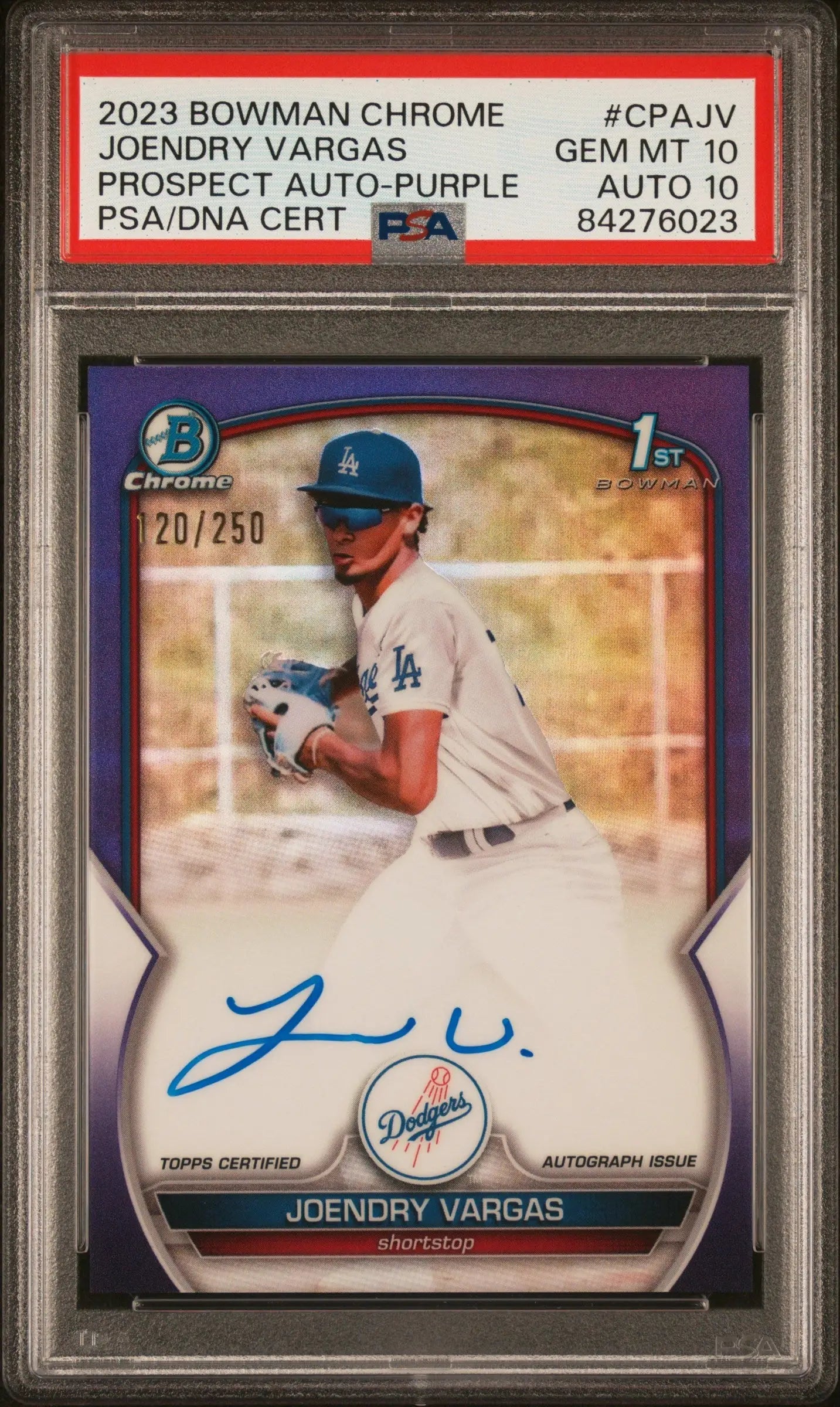 2023 Bowman Chrome Purple Joendry Vargas Prospect Auto PSA 10 Gem Mint baseball card