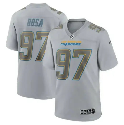 Gray Los Angeles Chargers Joey Bosa Nike Atmosphere Game Jersey with BOSA 97 in black and yellow