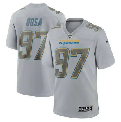 Gray Los Angeles Chargers Joey Bosa Nike Atmosphere Game Jersey with BOSA 97 in black and yellow