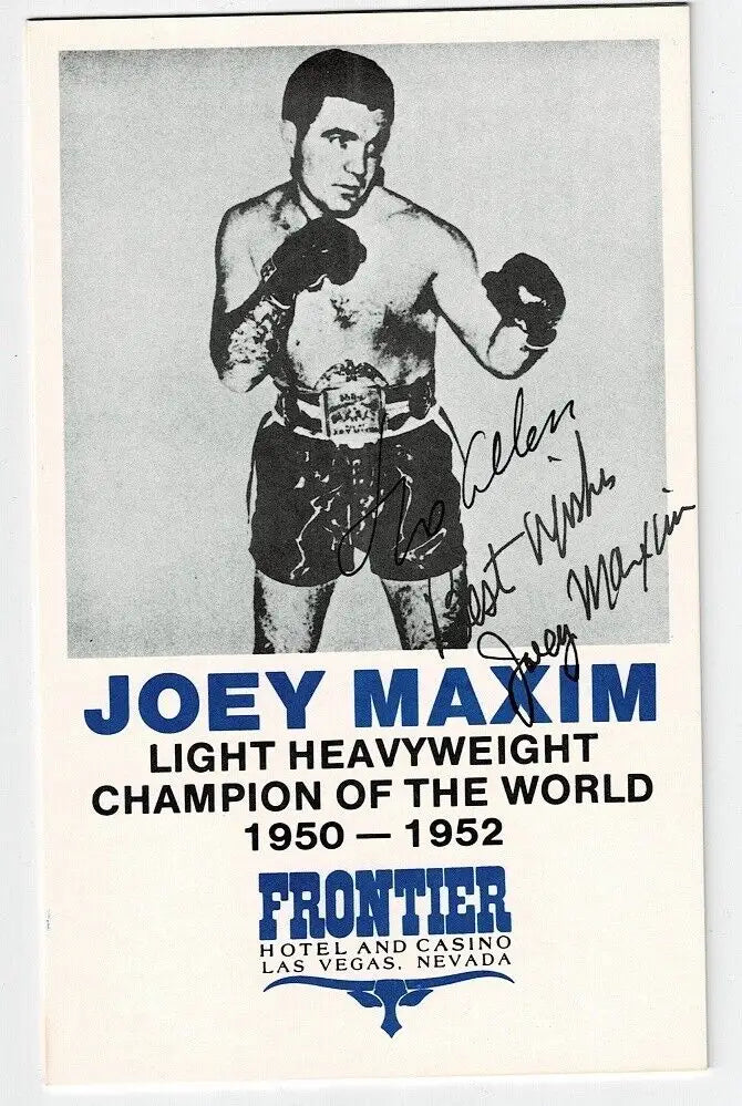 Signed Joey Maxim promotional card from 1950-52 Las Vegas trading cards collection