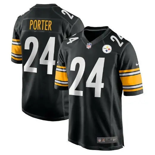 Black Pittsburgh Steelers Joey Porter Jr. #24 Nike Alternate Throwback Game Jersey with gold and white striped sleeves