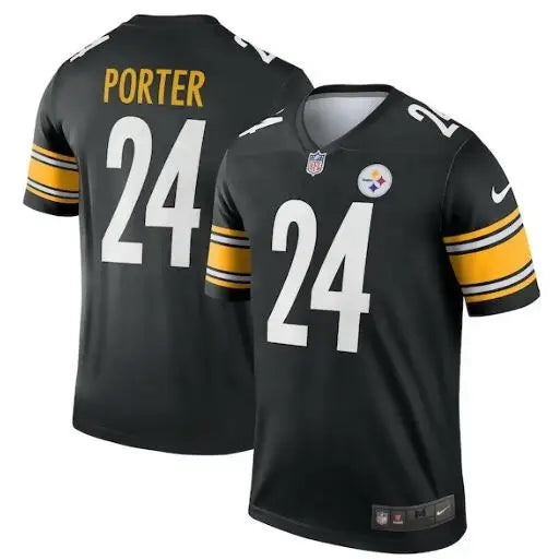 Black Pittsburgh Steelers NFL jersey with PORTER and 24 in white numbers for Joey Porter Jr