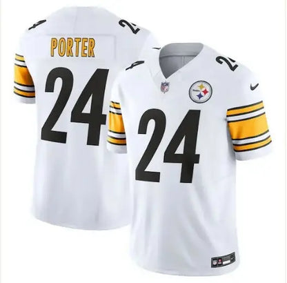 White NFL football jersey with black numbers and gold accents, featuring Steelers branding