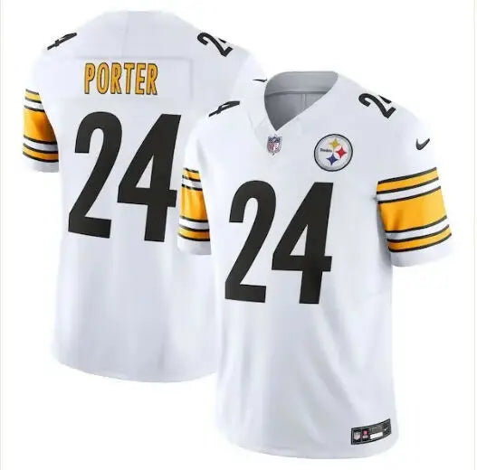 White NFL football jersey with black numbers and gold accents, featuring Steelers branding