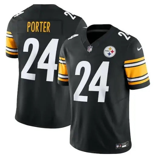 Black Pittsburgh Steelers Joey Porter Jr. Nike Vapor F.U.S.E. limited football jersey with gold and white striped sleeves