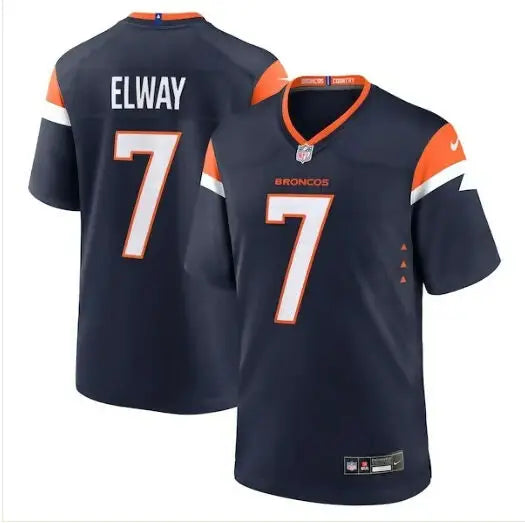 Dark blue John Elway Denver Broncos Nike Alternate Retired Player Jersey with orange and white accents