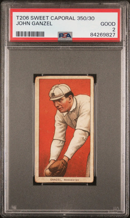 PSA-graded John Ganzel T206 Sweet Caporal baseball card in fielding pose