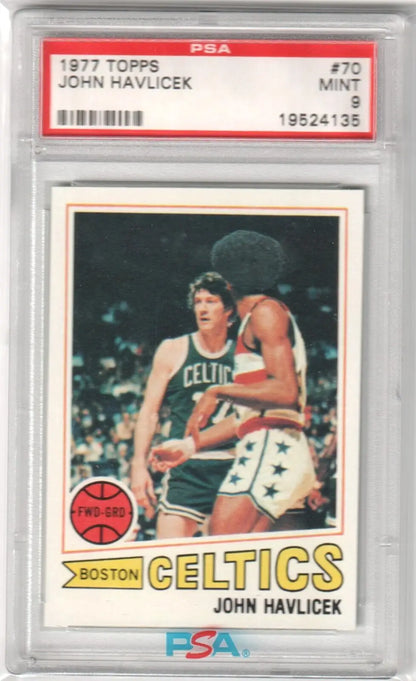 Graded 1977 Topps John Havlicek basketball card in PSA 9 Mint from Columbia Hobby ebay store